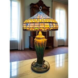 Vintage Monumental Tiffany Style Stained Glass & Mosaic Table Lamp 33" Tall